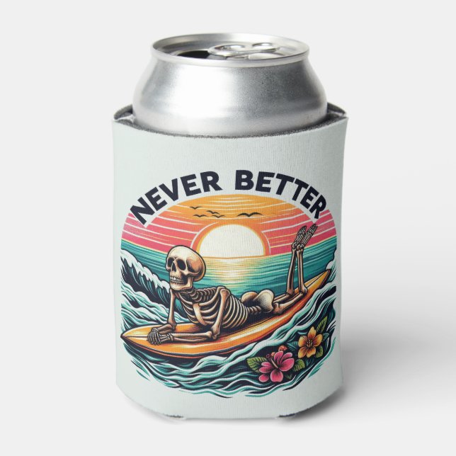 Never Better - Skeleton Surfing Sunset Wave Design Can Cooler (Can Front)