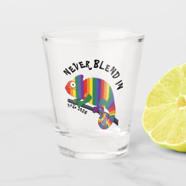 Never Blend In Rainbow Chameleon Pride Shot Glass (Front)