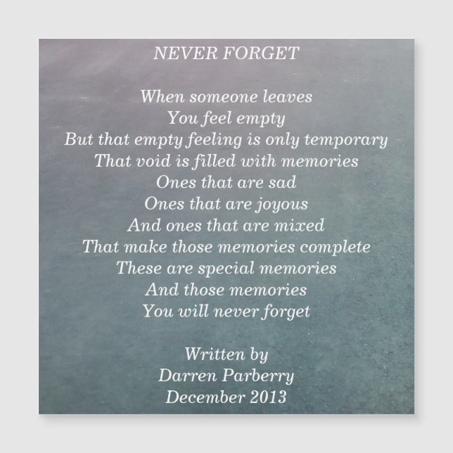 "Never Forget" poem - Magnetic Card (Front)