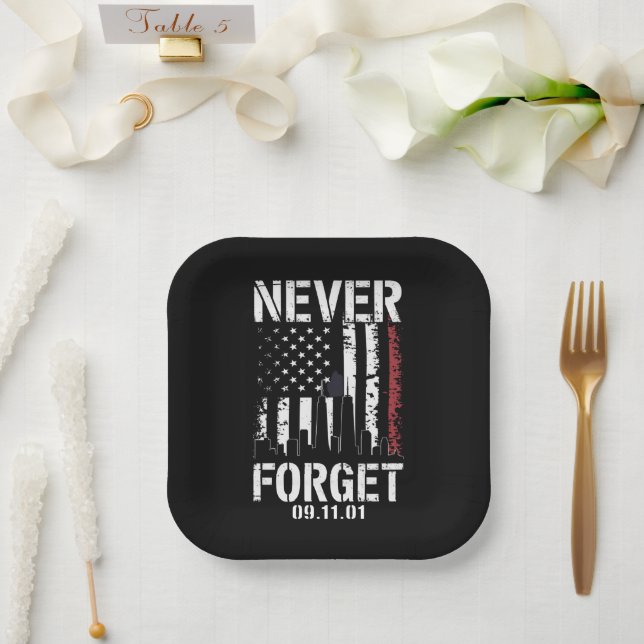 Never Forget September 11 2001 Memorial Day  Paper Plate (Wedding)