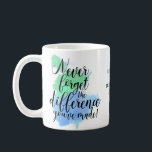 Never Forget The Difference Retirement Coffee Mug<br><div class="desc">A great retirement gift idea. This gorgeous design consists of the quote 'Never forget the difference you've made' on a green and blue watercolor splash. This would make a fabulous thank you present for a retiree coworker or friend. Or gift to a retired teacher, nurse or pastor.</div>