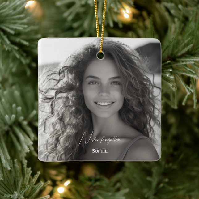 Never forgotten memorial photo keepsake Christmas Ceramic Ornament (Tree)