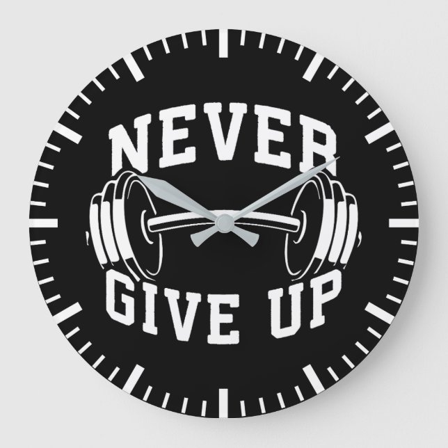 Never Give Up - Dumbbell - Workout Gym Motivation Large Clock (Front)