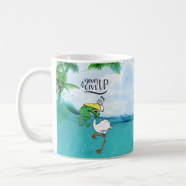 Never Give Up Frog Choking Bird Coffee Mug (Left)