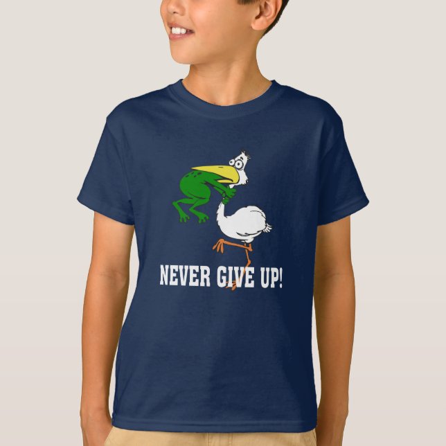 Never Give Up Frog Choking Bird T-Shirt (Front)