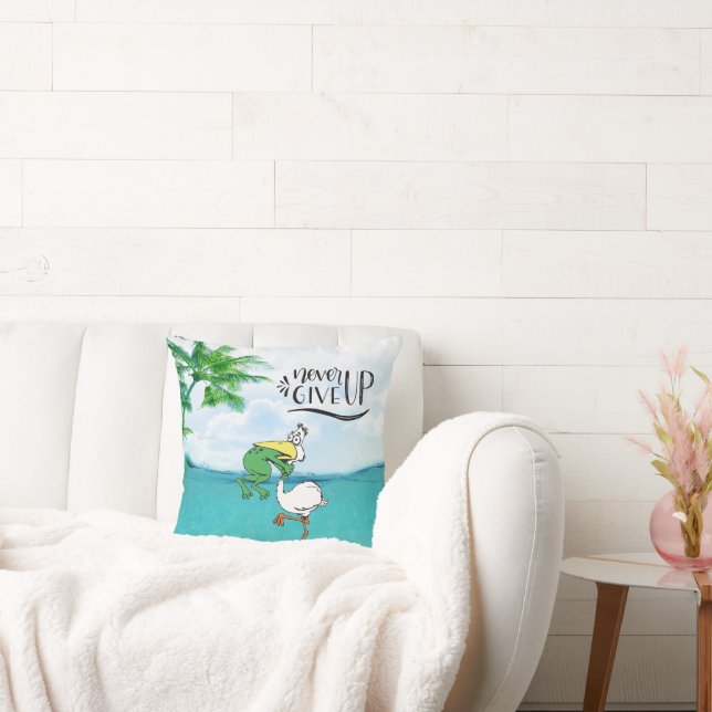 Never Give Up Frog Choking Bird Throw Pillow (Couch)