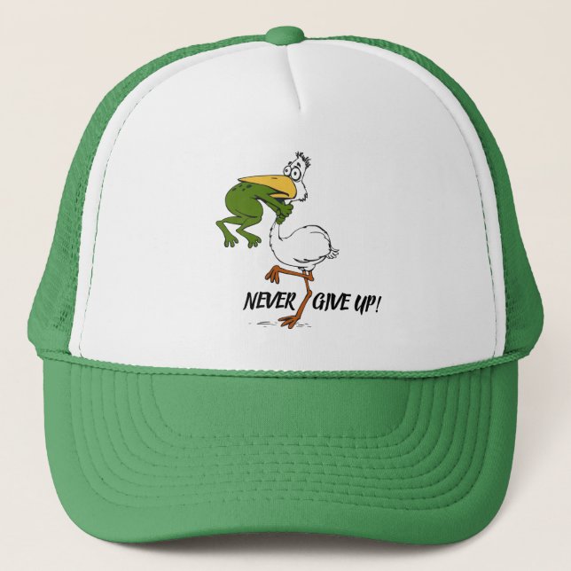 Never Give Up Frog Choking Bird Trucker Hat (Front)