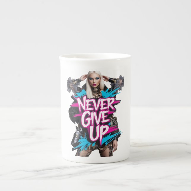 Never Give Up Graffiti Quote Bone China Mug (Front)
