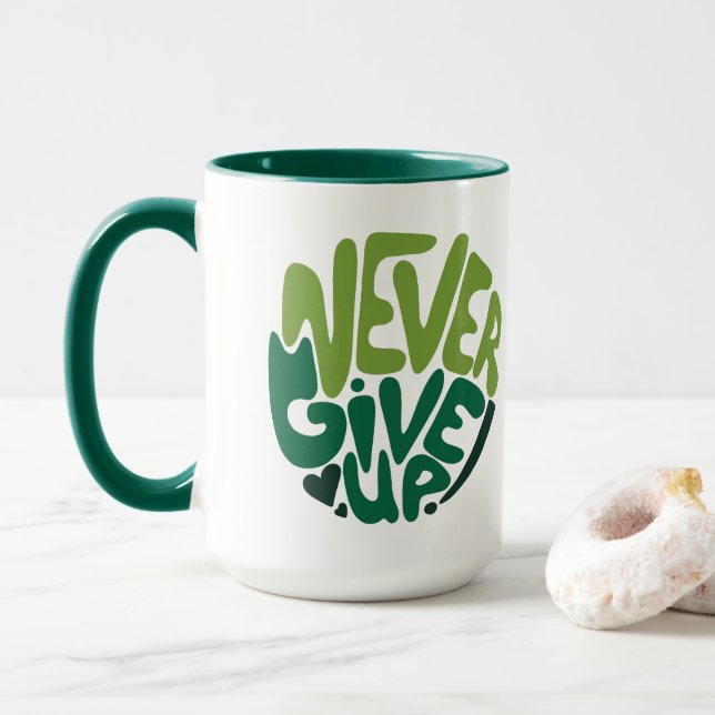 Never Give Up - Green Positive Hand Lettering Mug (With Donut)