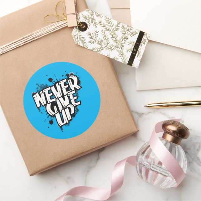 NEVER GIVE UP, Motivated Quote Black & White Classic Round Sticker (Gifting)