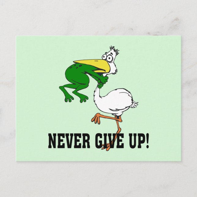 Never Give Up Motivational Pelican and Frog Postcard (Front)