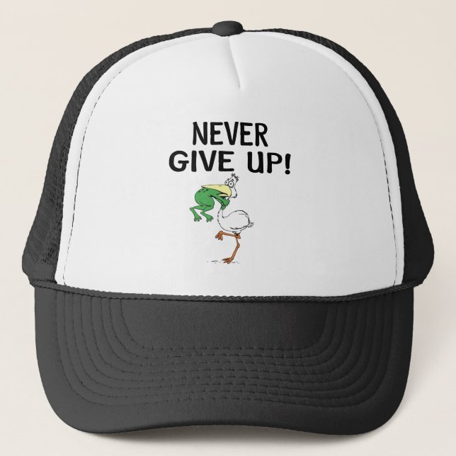 Never Give Up Motivational Pelican and Frog Trucker Hat (Front)