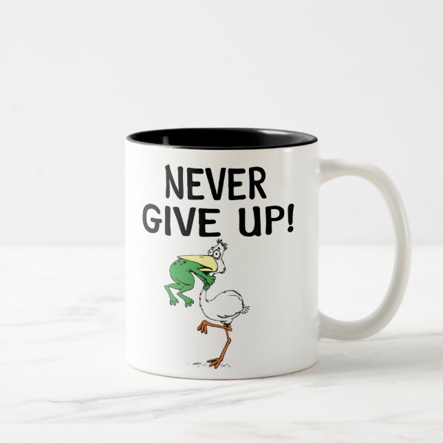 Never Give Up Motivational Pelican and Frog Two-Tone Coffee Mug (Right)