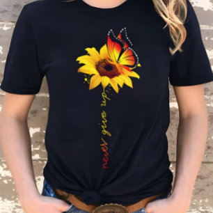 Never Give Up Sunflower & Butterfly Inspirational  T-Shirt