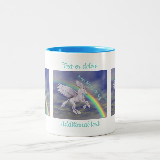 Never Stop Believing Quote Unicorn Personalized Two-Tone Coffee Mug (Center)