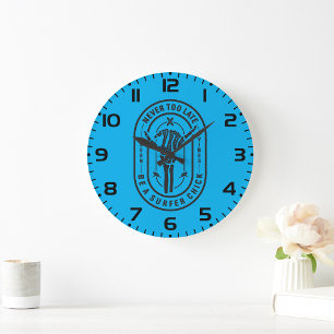 Never Too Late Skeleton Surfer Chick Ocean Vibes Large Clock