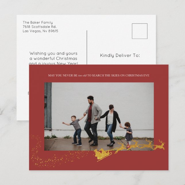Never Too Old Red Faux Gold Glitter Photo Holiday Postcard (Front/Back)