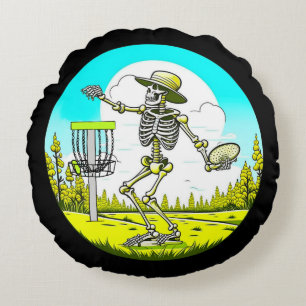 Never Too Old to Disc Golf   Skeleton Throwing Round Pillow