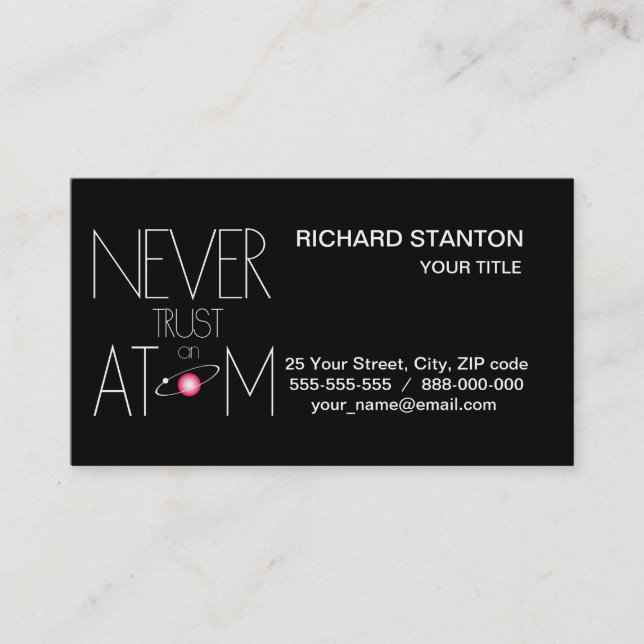 Never trust atom business card (Front)