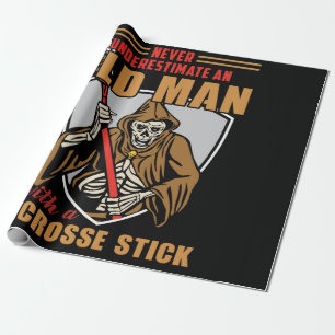 NEVER UNDERESTIMATE AN OLD MAN A LACROSSE STICK WRAPPING PAPER