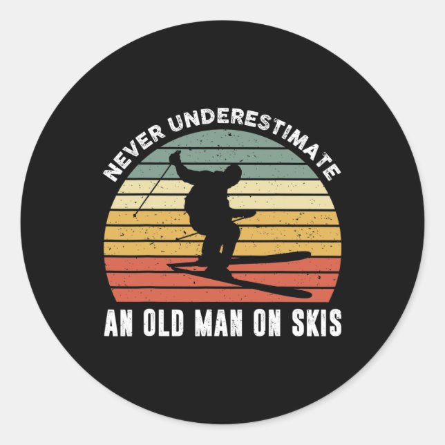 Never Underestimate An Old Man On Skies Funny Skii Classic Round Sticker (Front)