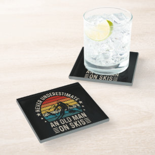 Never Underestimate An Old Man On Skis Retro Glass Coaster