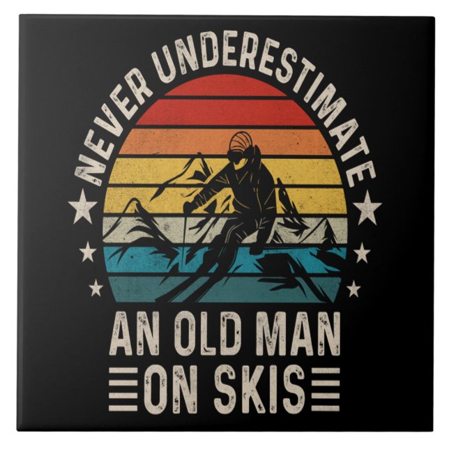 Never Underestimate An Old Man On Skis Retro Sunse Tile (Front)