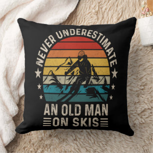 Never Underestimate An Old Man On Skis Retro Throw Pillow