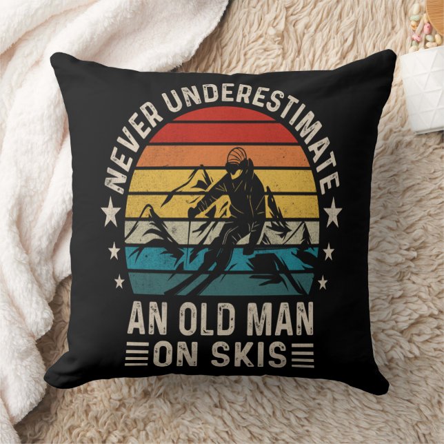Never Underestimate An Old Man On Skis Retro Throw Pillow (Blanket)
