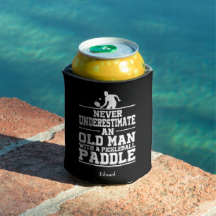 Never Underestimate Old Man Funny Black Pickleball Can Cooler