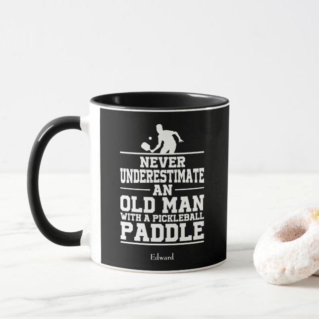 Never Underestimate Old Man Funny Black Pickleball Mug (With Donut)