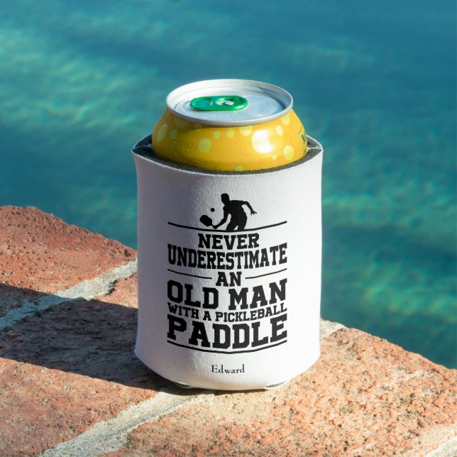 Never Underestimate Old Man Funny White Pickleball Can Cooler (In Situ Pool)