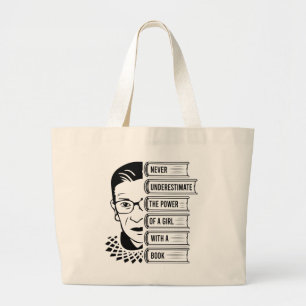Never Underestimate Power of Girl With Book Large Tote Bag