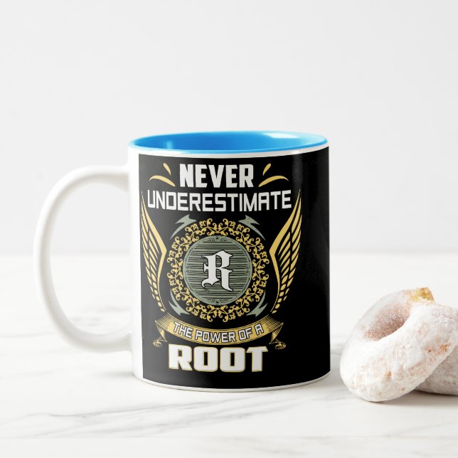 Never Underestimate The Power Of A Root Two-Tone Coffee Mug (With Donut)