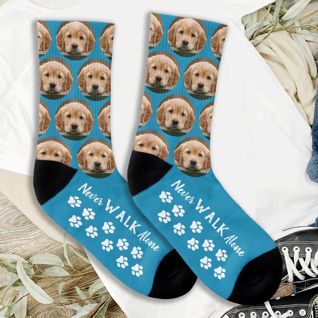 Never Walk Alone Paw Prints Teal Pet Photo Dog Socks (Creator Uploaded)