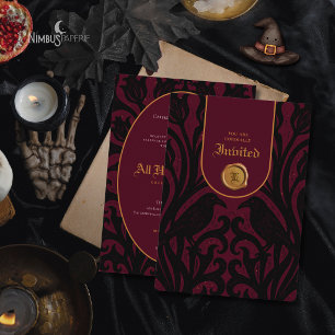 Nevermore Damask Burgundy Luxury Halloween Invitation