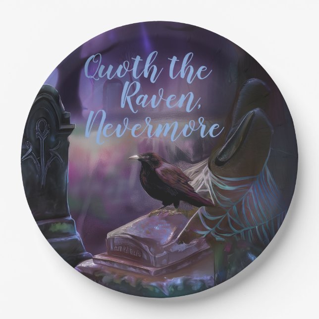 Nevermore, Raven Cemetery Creepy Halloween Paper Plate (Front)