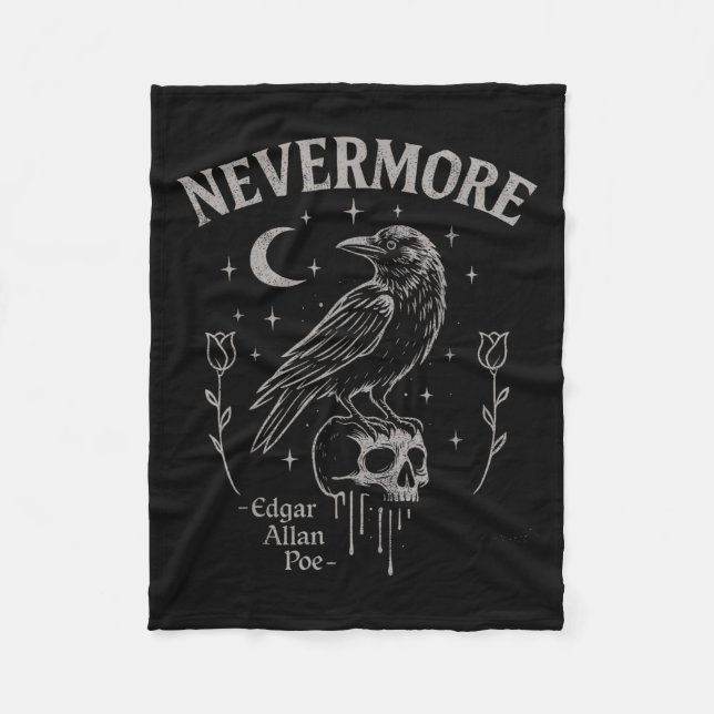 Nevermore Raven Skull Art, Gothic Edgar Allan Poe  Fleece Blanket (Front)