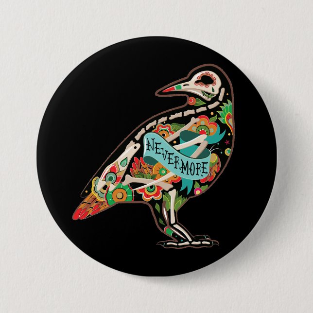 Nevermore Sugar Skull Raven 3 Inch Round Button (Front)