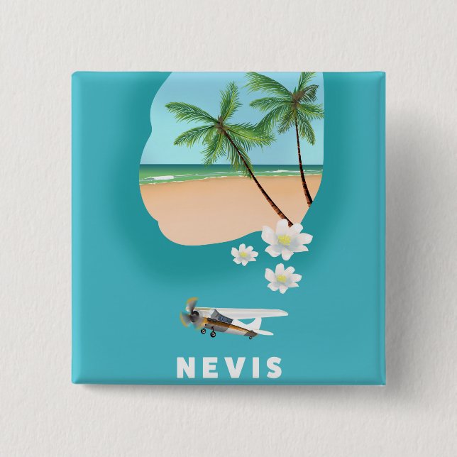 Nevis Caribbean island Illustrated map. 2 Inch Square Button (Front)