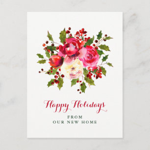 New Address at Christmas   Red and Green Flowers Holiday Postcard
