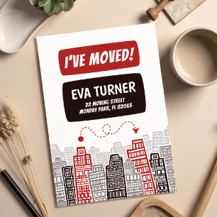 New Address card with Red & Black Retro Buildings 