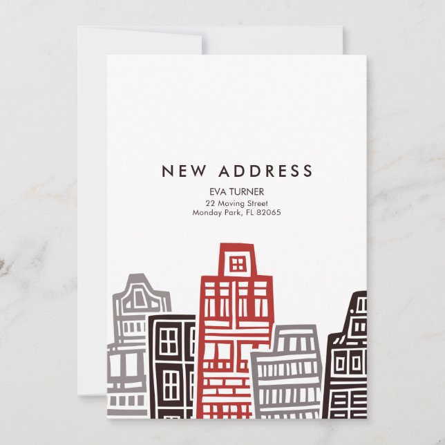 New Address card with Red & Black Retro Buildings  (Front)