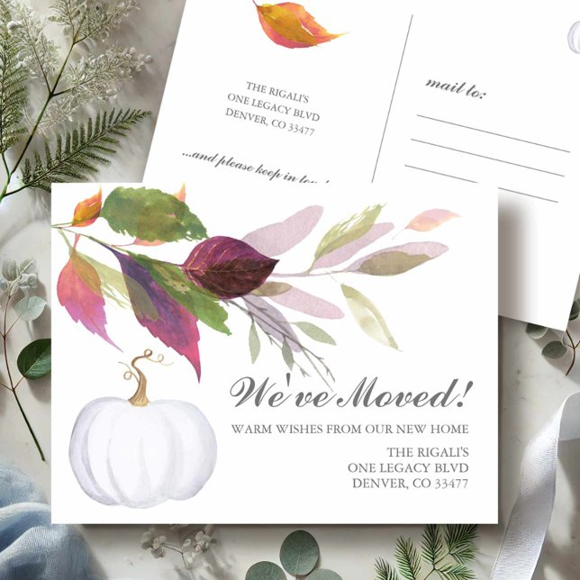 New Address Change of Address Moving Announcement Postcard (Fall moving announcements colorful foliage and white pumpkin)