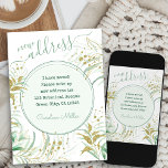 New Address Elegant Script Fine Foliage Moving Announcement<br><div class="desc">Elegant moving announcement card to customize with your own message,  name and new address. The design features elegant hand lettering and fine green and gold foliage.</div>