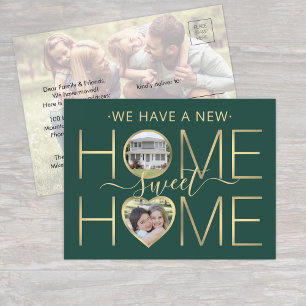 New Address Home Sweet Home Green & Gold 3 Photo Announcement Postcard