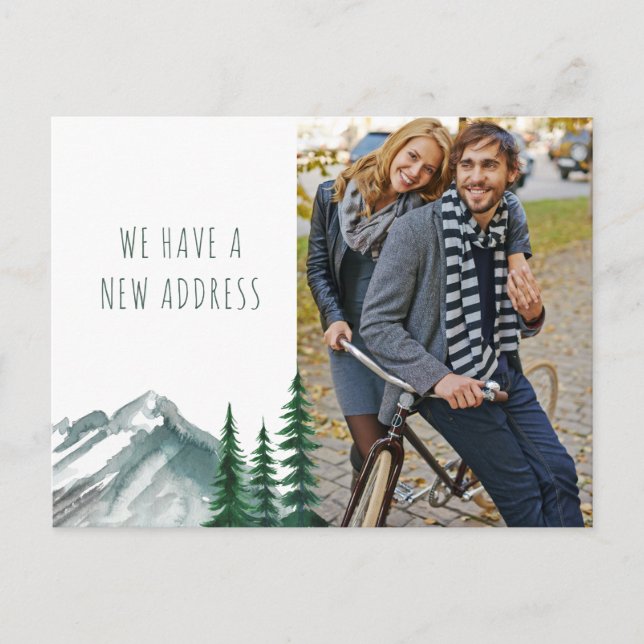 New Address Mountain Forest Pine Photo Moving Holiday Postcard (Front)