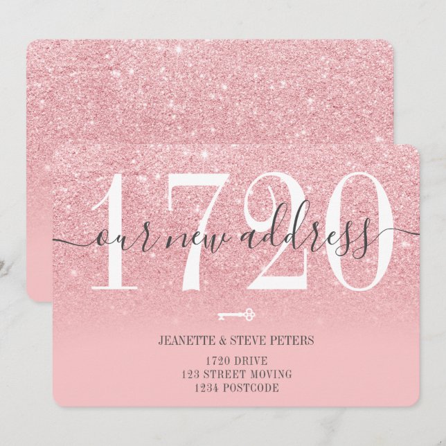 New Address number pink glitter script moving Announcement (Front/Back)