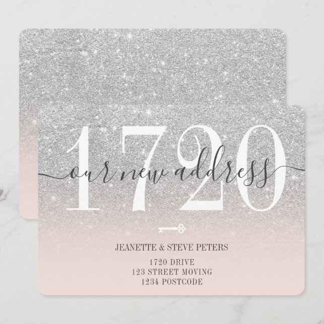 New Address number silver glitter script moving Announcement (Front/Back)
