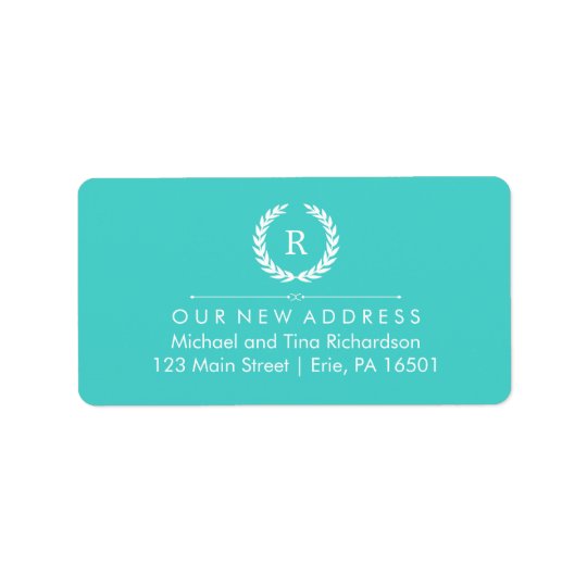 New Address on Turquoise and White Monogram Wreath